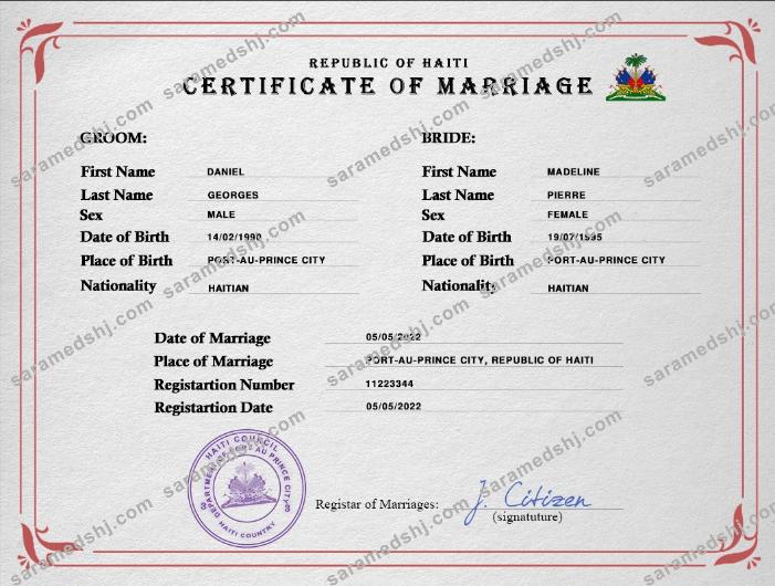 Haiti marriage certificate PSD template
